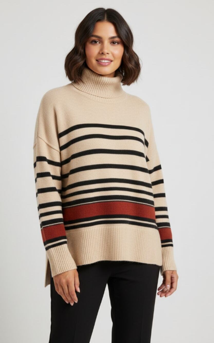 LoveTrend NWT Striped Turtleneck Sweater Womens Size XLarge Cream Red Black